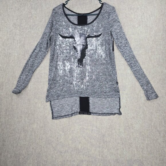 Rock & Republic Womens Long Sleeve Top Gray/B&W Knit Faux Leather Bull Skull S - Picture 1 of 6